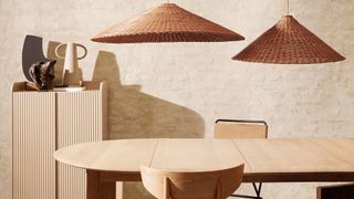 japandi inspired woven pendant shades over dining table