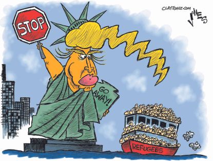 Political Cartoon U.S. Donald Trump Statue of Liberty refugee ban