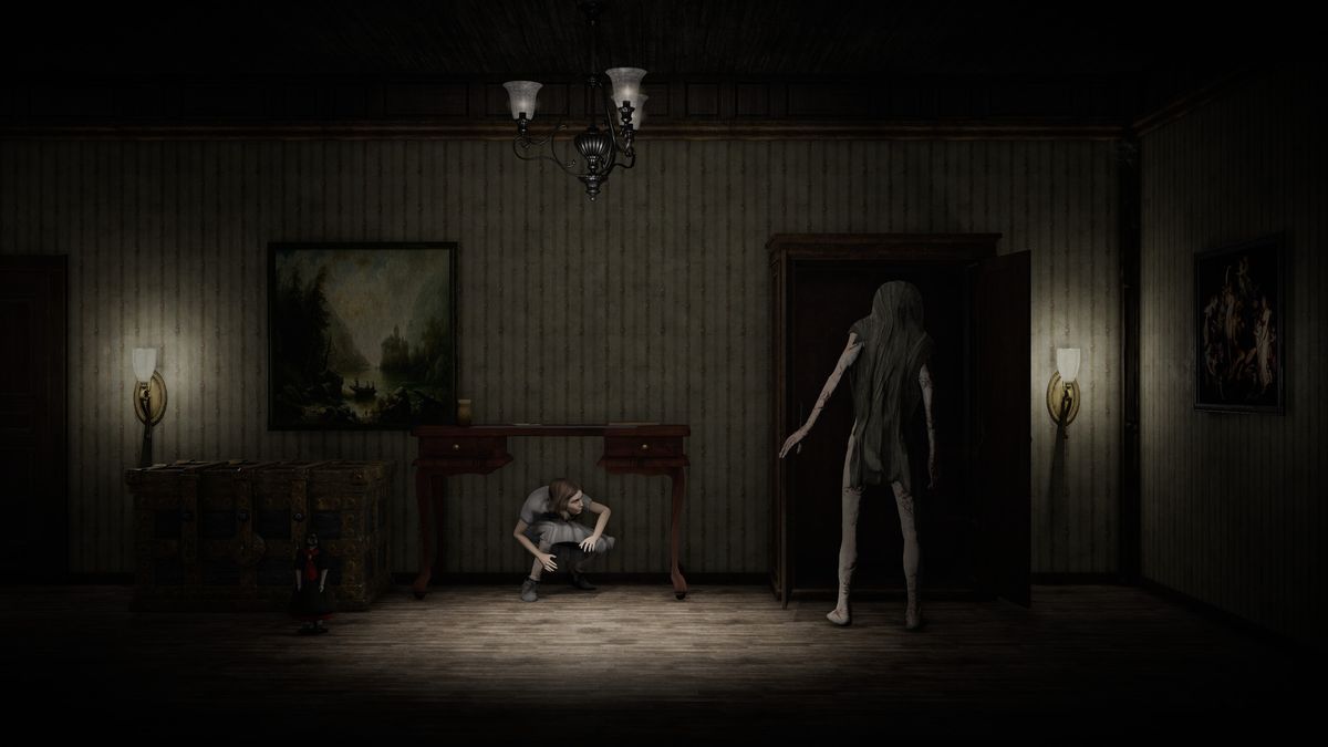 little girl hides under table from masked zombie