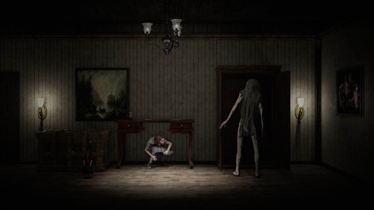 little girl hides under table from masked zombie