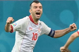 Goran Pandev celebrates after scoring for North Macedonia against Austria at Euro 2020.