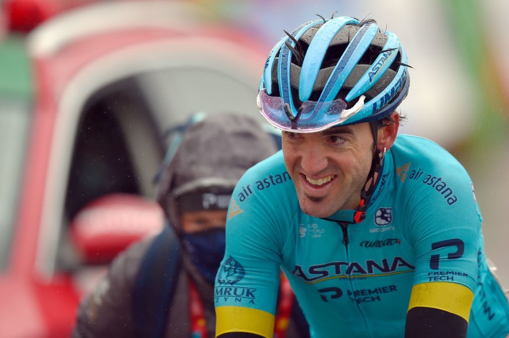 Team Astana rider Spains Ion Izagirre celebrates as he crosses the finishline of the 6th stage of the 2020 La Vuelta cycling tour of Spain a 1464 km race from Biescas to Formigal on October 25 2020 Photo by ANDER GILLENEA AFP Photo by ANDER GILLENEAAFP via Getty Images