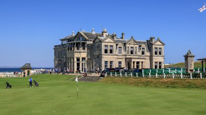 The 18th green at The Old Course with the R&A clubhouse in the background