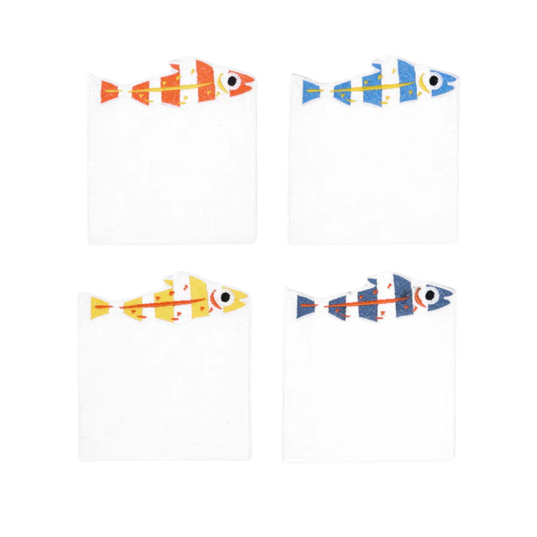 Sardines Embroidered Linen Cocktail Napkins (set of 4)