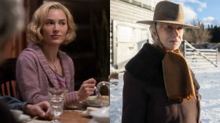 From left to right: Michelle Randolph sitting at a table as Elizabeth and Helen Mirren as Cara standing outside.