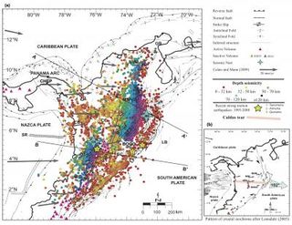 A tectonic map of northwestern South America and Panama showing plate boundaries and 30,000 earthquakes from the Colombian Seismic Network.