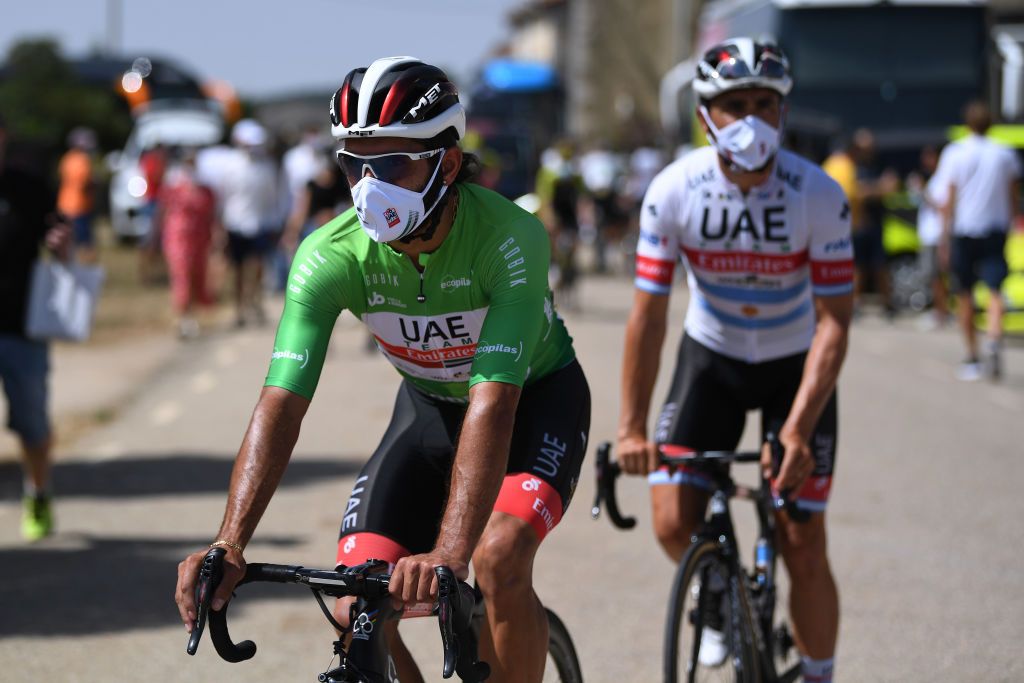 ESPINOSA DE LOS MONTEROS SPAIN JULY 30 Start Fernando Gaviria Rendon of Colombia and UAE Team Emirates Green Points Jersey Sargentes de la Lora Village during the 42nd Vuelta a Burgos 2020 Stage 3 a 150km stage from Sargentes de la Lora to Espinosa de los Monteros Picn Blanco 1486m VueltaBurgos on July 30 2020 in Espinosa de Los Monteros Spain Photo by David RamosGetty Images