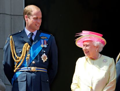 Prince William, Duke of Cambridge and Queen Elizabeth II watch a flypast