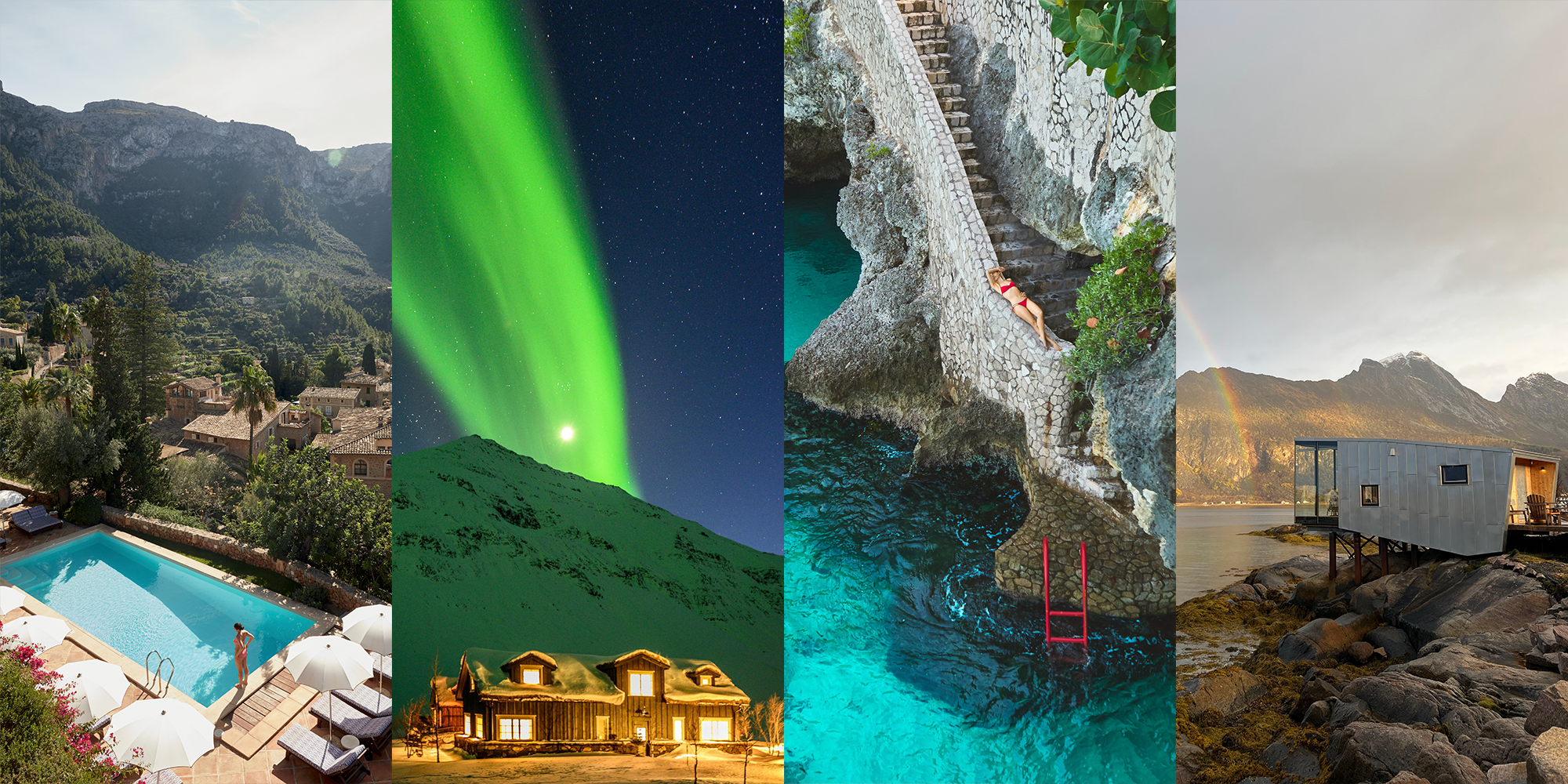 Image of La Residencia Belmond Hotel is Deia Mallorca, The Northern Lights above Eleven Delpar Farm in Iceland, A red ladder at Rockhouse Hotel in Jamaica, and Manshausen hotel with a rainbow in the background