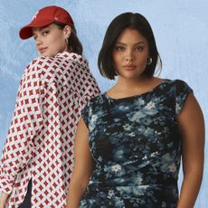 two models wearing the new anthropologie x universal standard collection in front of a plain backdrop