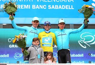 Valverde flanked by Sanchez and Fuglsang on the podium of the Volta a la Comunitat Valenciana