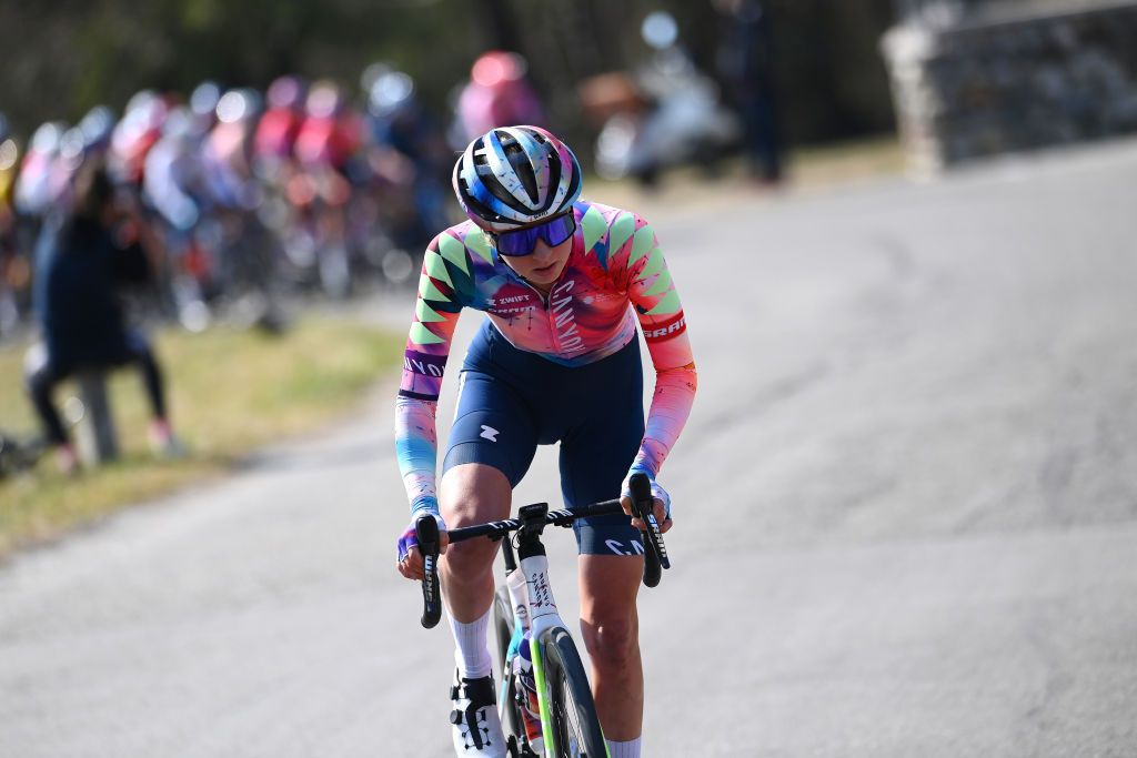 CITTIGLIO ITALY MARCH 20 Mikayla Harvey of New Zealand and Team Canyon SRAM Racing attacks in the breakaway during the 46th Trofeo Alfredo BindaComune di Cittiglio 2021 Womens Elite a 1418km one day race from Cocquio Trevisago to Cittiglio TrBinda UCIWWT on March 20 2022 in Cittiglio Italy Photo by Tim de WaeleGetty Images