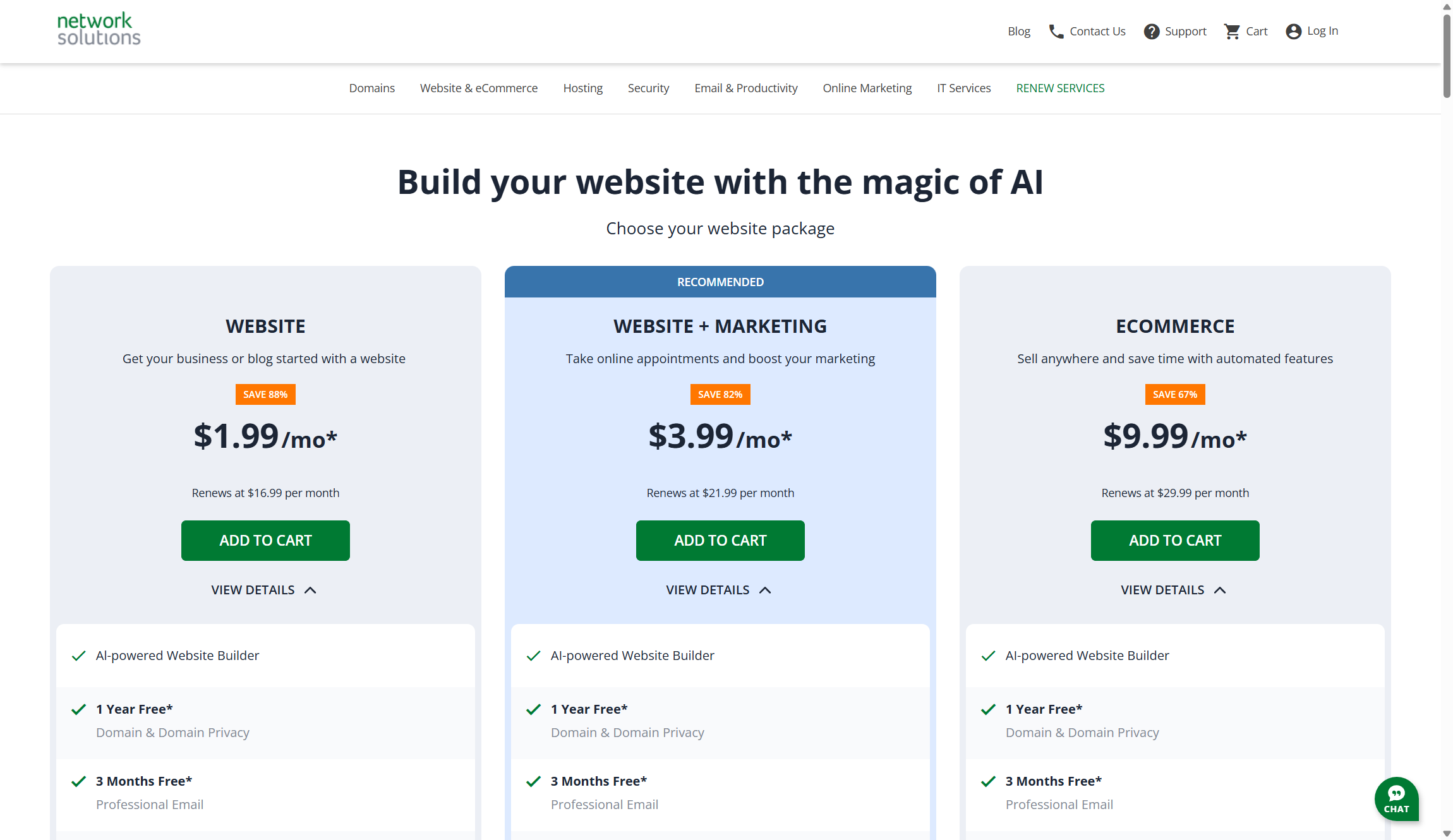 Network Solutions Website Builder plans and pricing