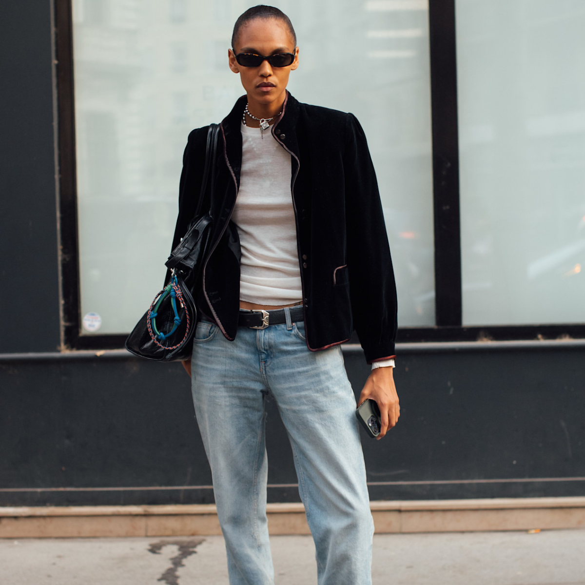 Woman wearing straight-leg jeans