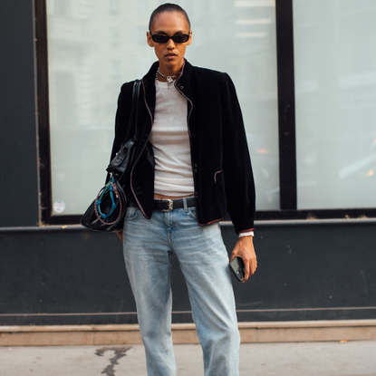 Woman wearing straight-leg jeans