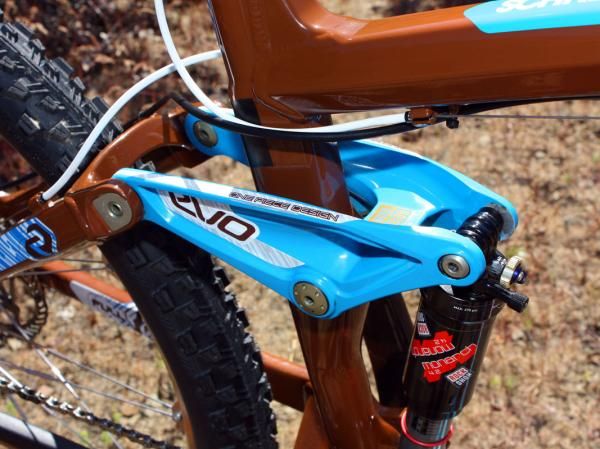 Schnell's bike requires a custom machined rocker to accommodate the RockShox Monarch 4.2 rear shock.