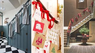 Collage of three hallways with bow Christmas decoration trend