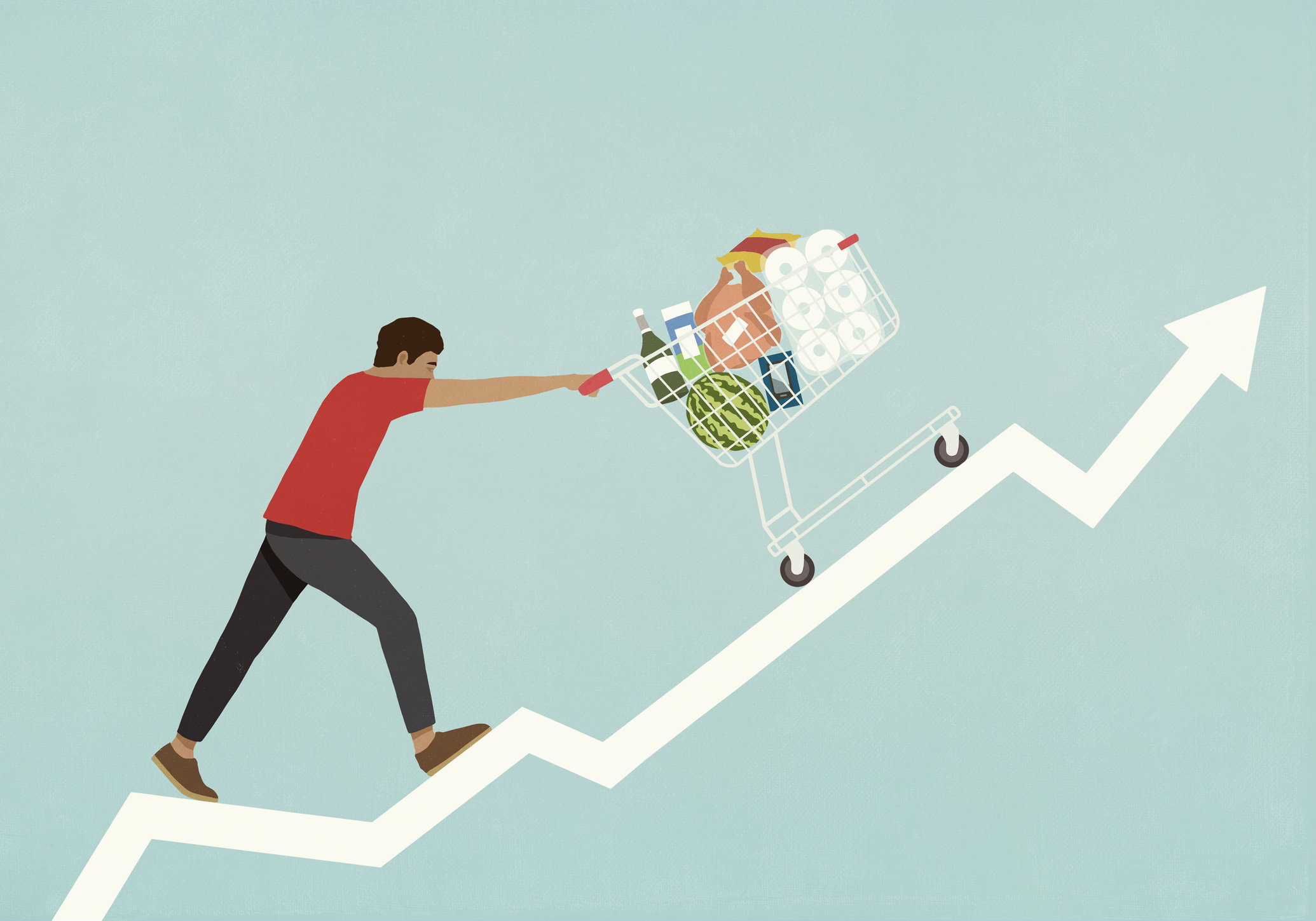Man pushing shopping cart of groceries up line chart arrow