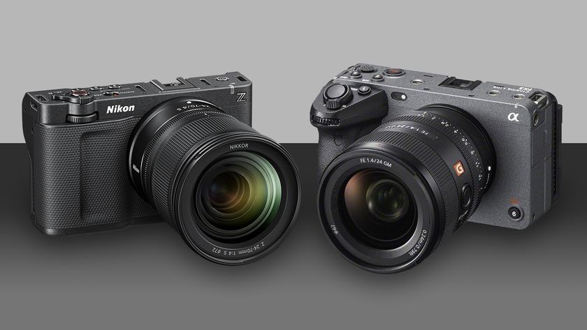 Nikon ZR next to a Sony FX3 on a grey background