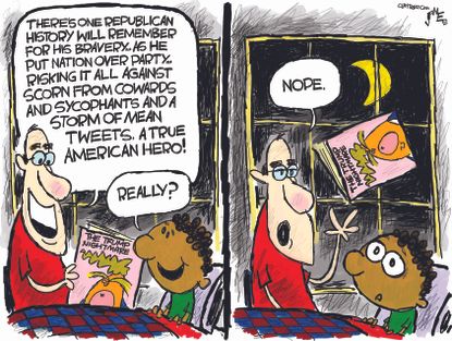 Political Cartoon U.S. Republican Trump impeachment bedtime story