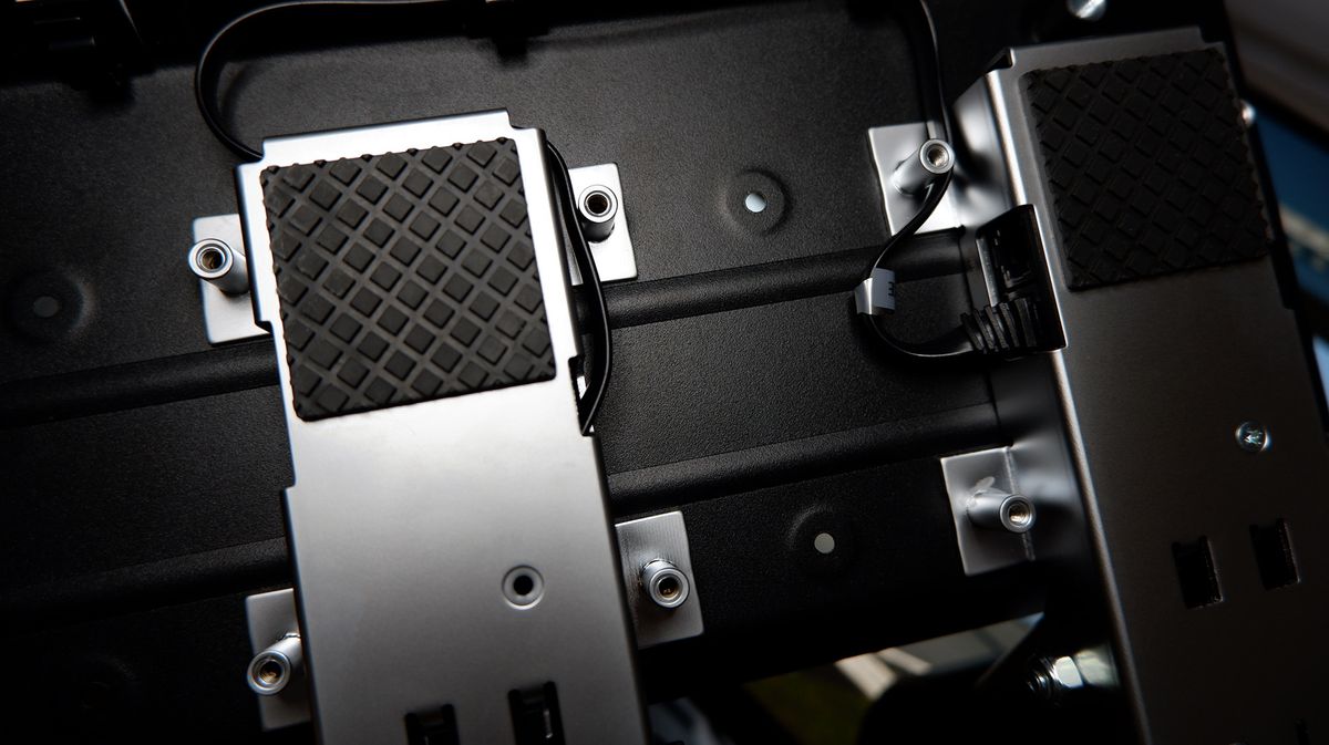 The Fanatec GT DD Pro pedals underside with cables