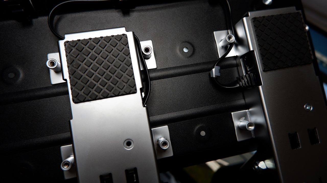 The Fanatec GT DD Pro pedals underside with cables