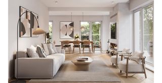 white living room open plan to a dining area with white sofa facing two armchairs with a large floor rug