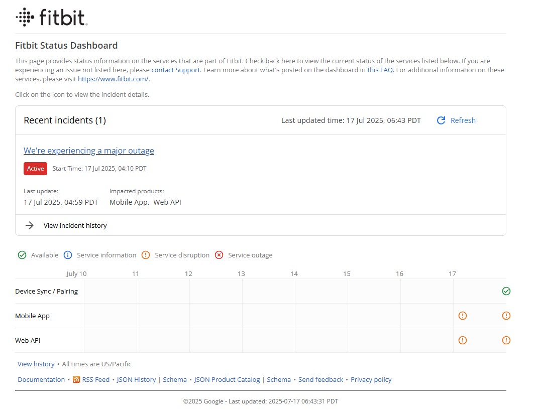 Fitbit's official status page