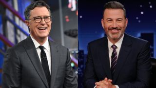 From left to right: press images of Stpehen Colbert smiling on The Late Show and Jimmy Kimmel smiling on Jimmy Kimmel Live!