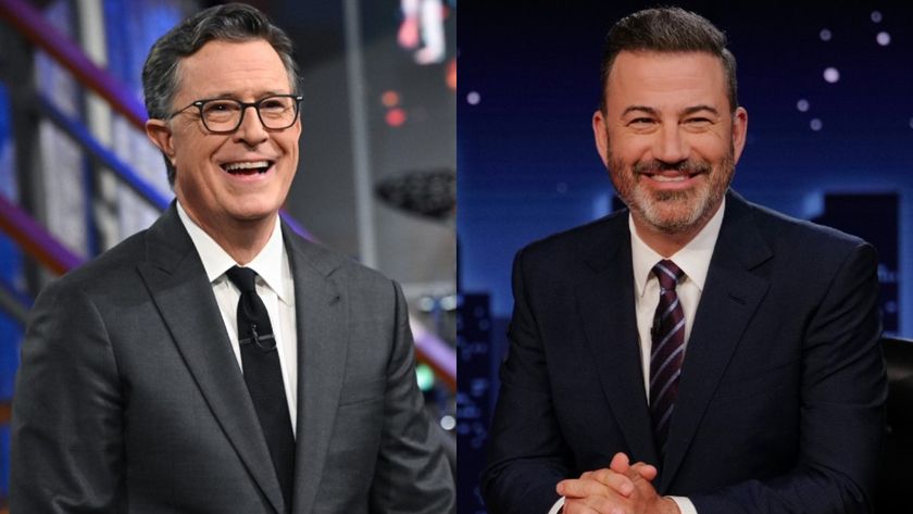 From left to right: press images of Stpehen Colbert smiling on The Late Show and Jimmy Kimmel smiling on Jimmy Kimmel Live!