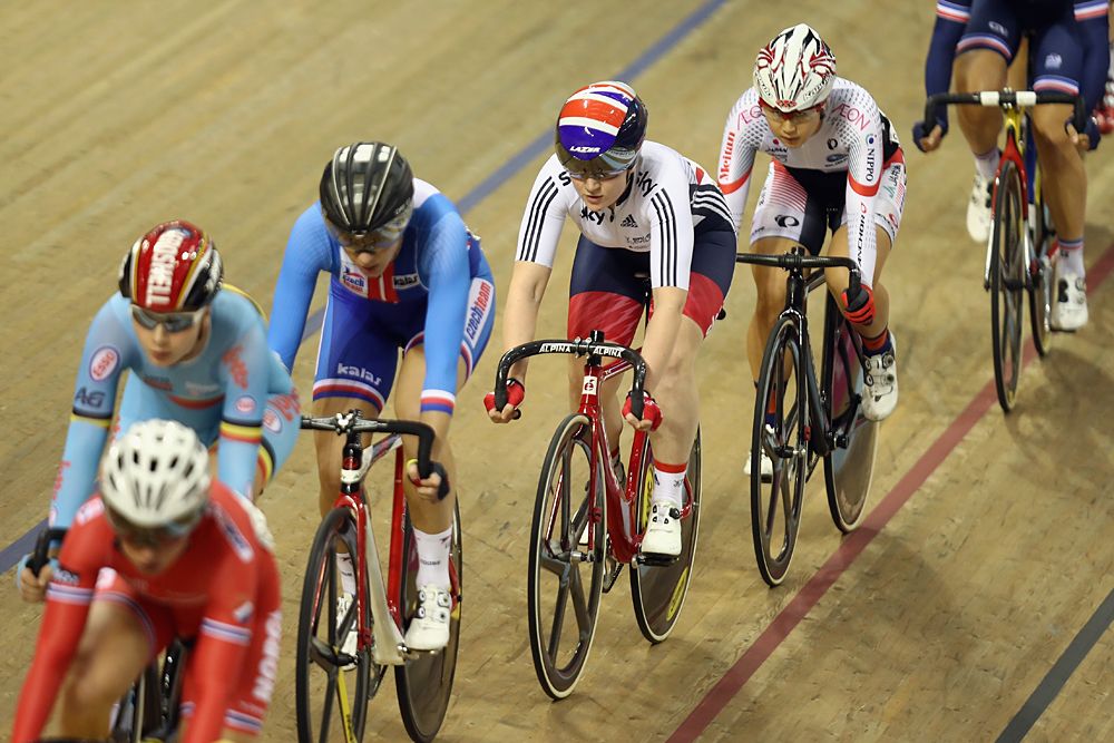 Emily Kay of Great Britain in action in the Scratch Race round of the Women's Omnium