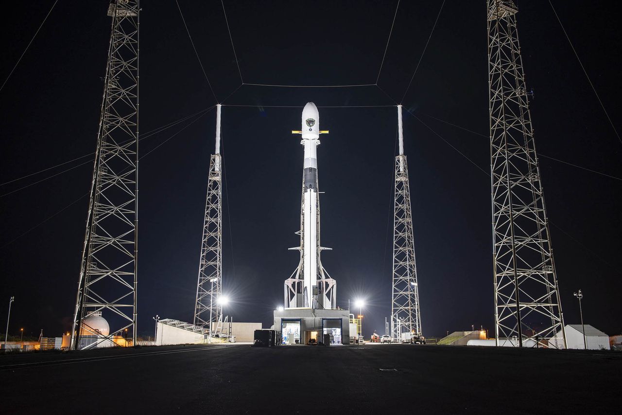 A SpaceX Falcon 9 rocket carrying the GPS III SV03 navigation satellite for the U.S. Space Force stands atop its launch pad at Space Launch Complex 40 of the Cape Canaveral Air Force Station ahead of a planned June 30, 2020 launch.