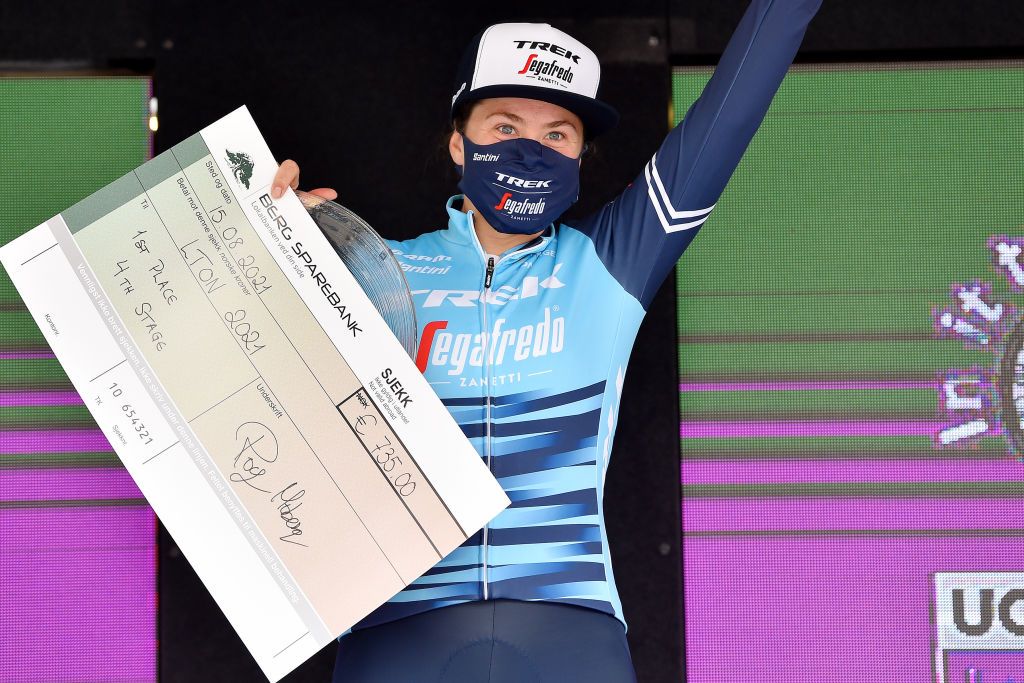 HALDEN NORWAY AUGUST 15 Chloe Hosking of Australia and Team Trek Segafredo celebrates winning the stage on the podium ceremony after during the 7th Ladies Tour Of Norway 2021 Stage 4 a 1416km stage from Drbak to Halden LTourOfNorway LTON21 UCIWWT on August 15 2021 in Halden Norway Photo by Luc ClaessenGetty Images
