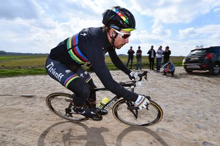 Peter Sagan (Tinkoff) tests the equipment on the cobbles