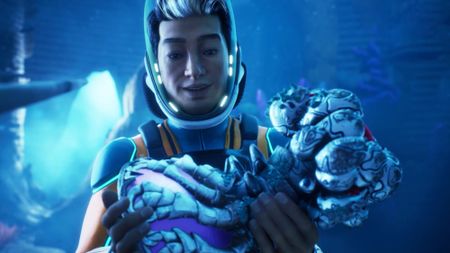 Subnautica 2 - Character from the cinematic trailer investigating underwater structures