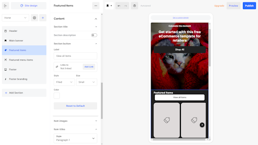 Screenshot of square online mobile editor