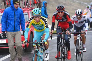 Miguel Angel Lopez leads van Garderen and Pantano up the final climb during stage 9 at Tour de Suisse