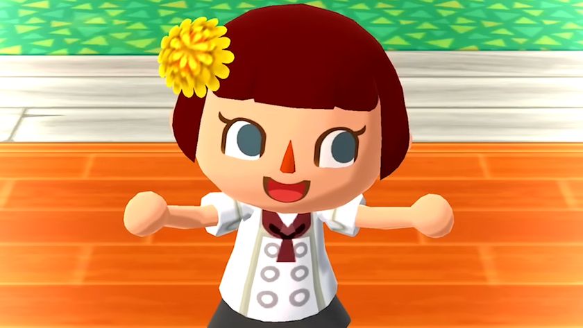 Animal Crossing: Pocket Camp trailer screenshto showing a chibi-style female character with bobbed brown hair, a yellow flower atop her head, and a chef-like top, smiling with her arms out