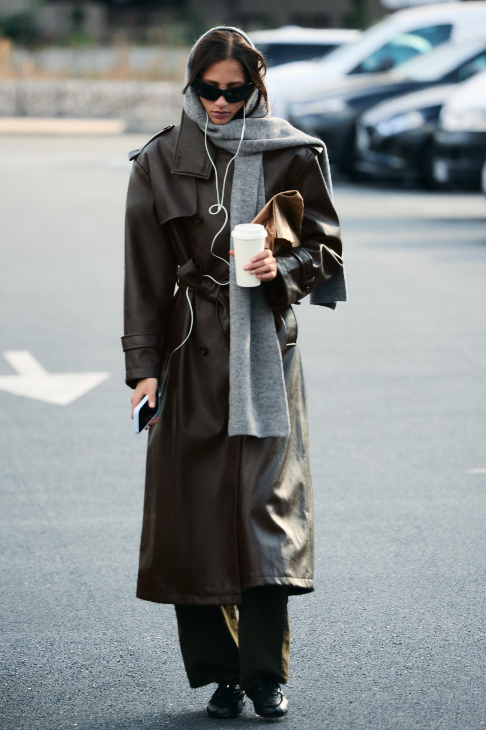 Long Leather Effect Trench Coat - Dark Brown - Xs-S