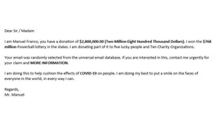 Example of email showing an unexpected money scam