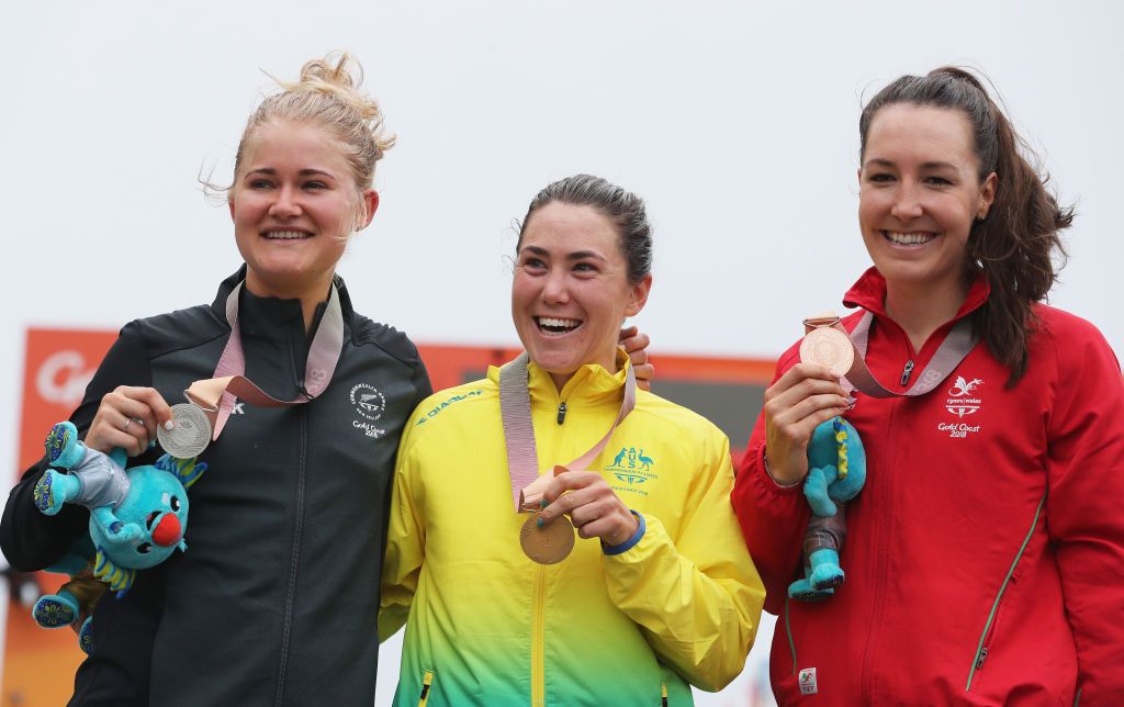 The podium of Georgia Williams, Chloe Hosking, and Dani Rowe (L-R)