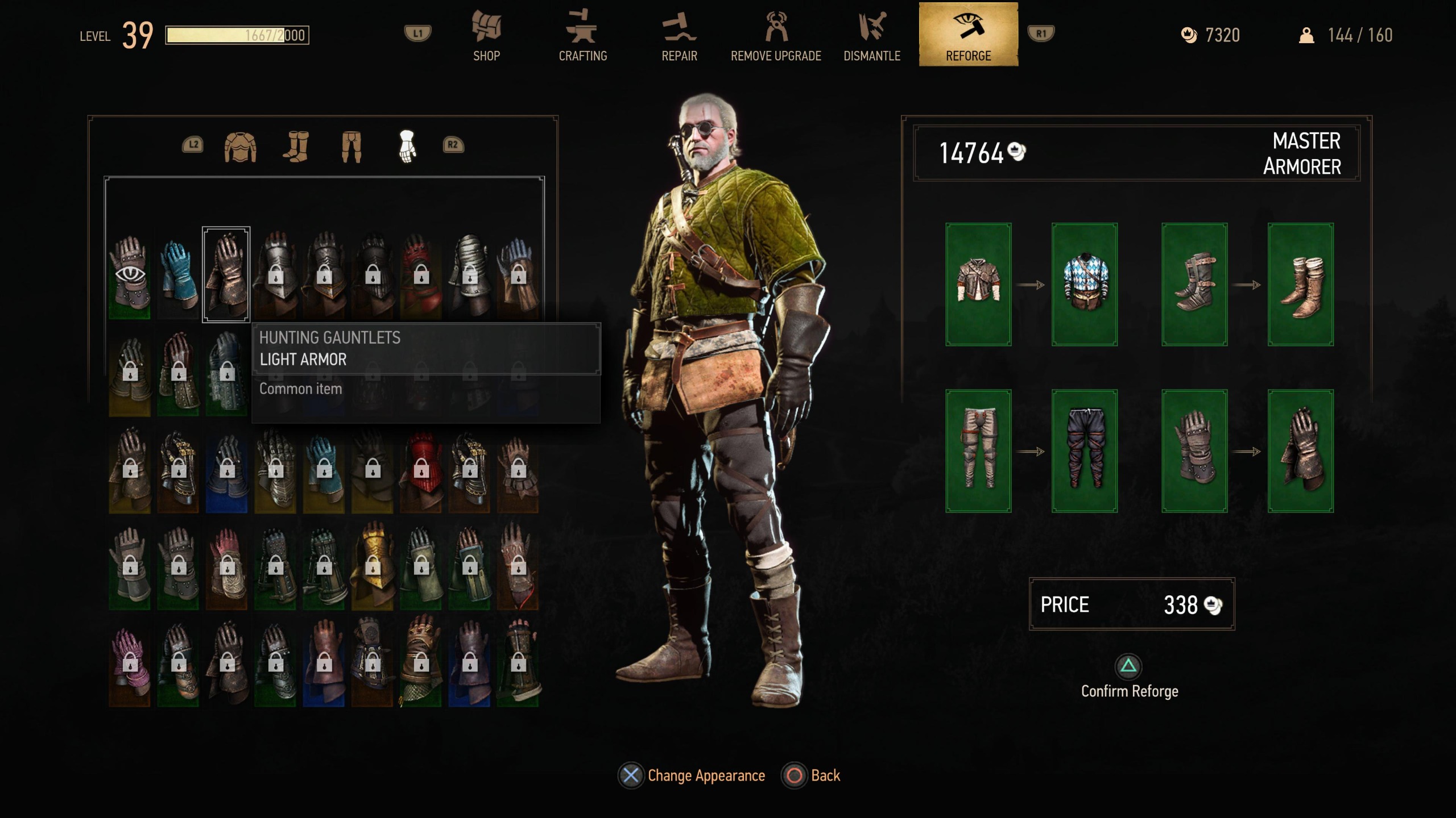 The Reforge option can be used to Transmog equipment in Witcher 3 Remastered