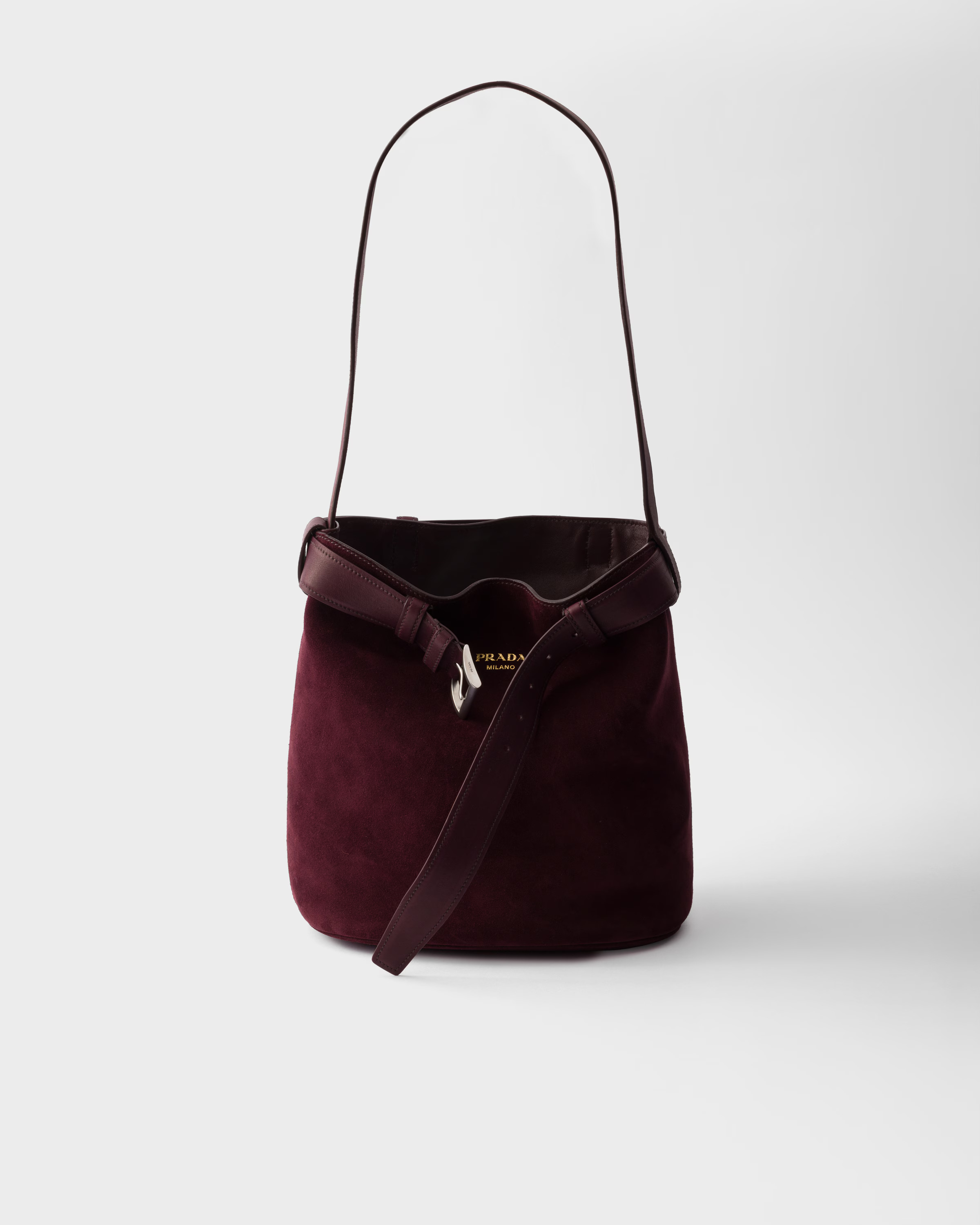 PRada, Buckle Belted Suede Bucket Bag