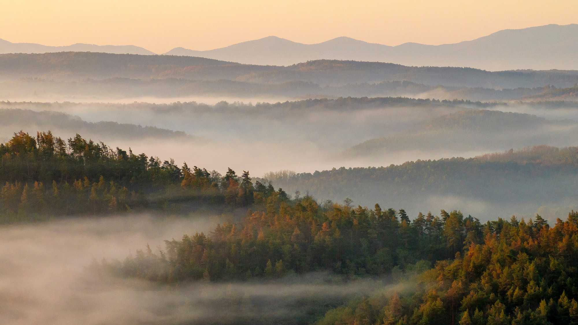 Morning fog blankets the mountains near Cered in northern Hungary