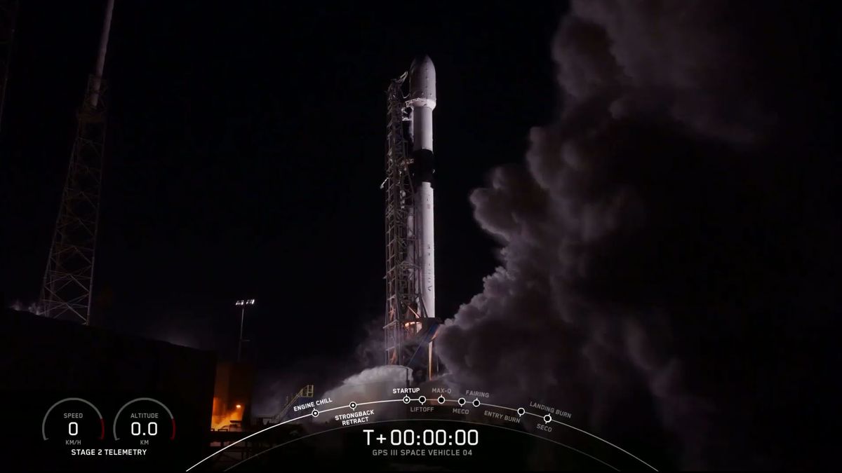 A SpaceX Falcon 9 rocket carrying the U.S. Space Force's GPS III-SV04 navigation satellite lifts off from Launch Complex 41 at Cape Canaveral Air Force Station in Florida, on Nov. 5, 2020.