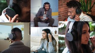 Montage image of male and female gamers wearing xbox wireless headset