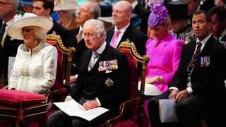 King Charles, Queen Consort Camilla, Viscount Linley, Mike Tindall, Zara Tindall and Peter Phillips attend the National Service of Thanksgiving