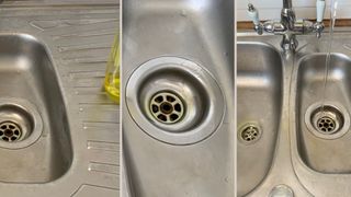 Stainless steel double kitchen showing the fisrt stage of how to clean kitchen sink drains using dish soap