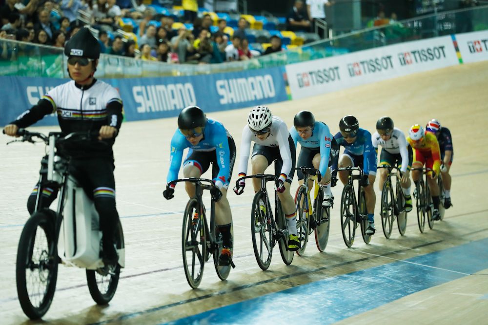 Cyclists competes in Women's Keirin, First Round, on Day 5 in 2017 UCI Track Cycling World Championships