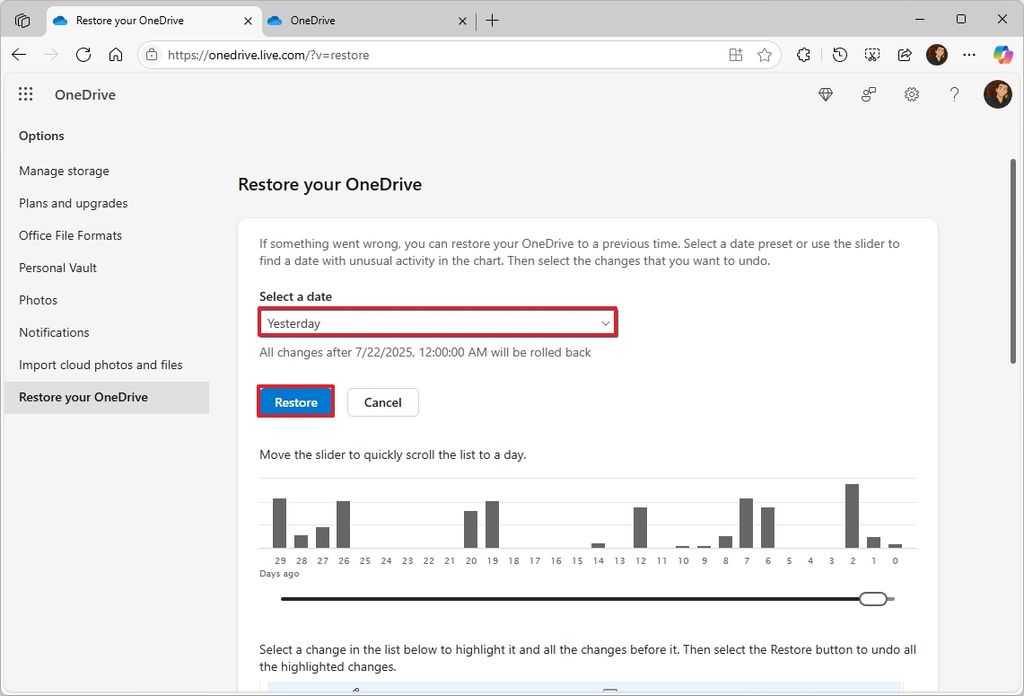 Restore your OneDrive settings in the web
